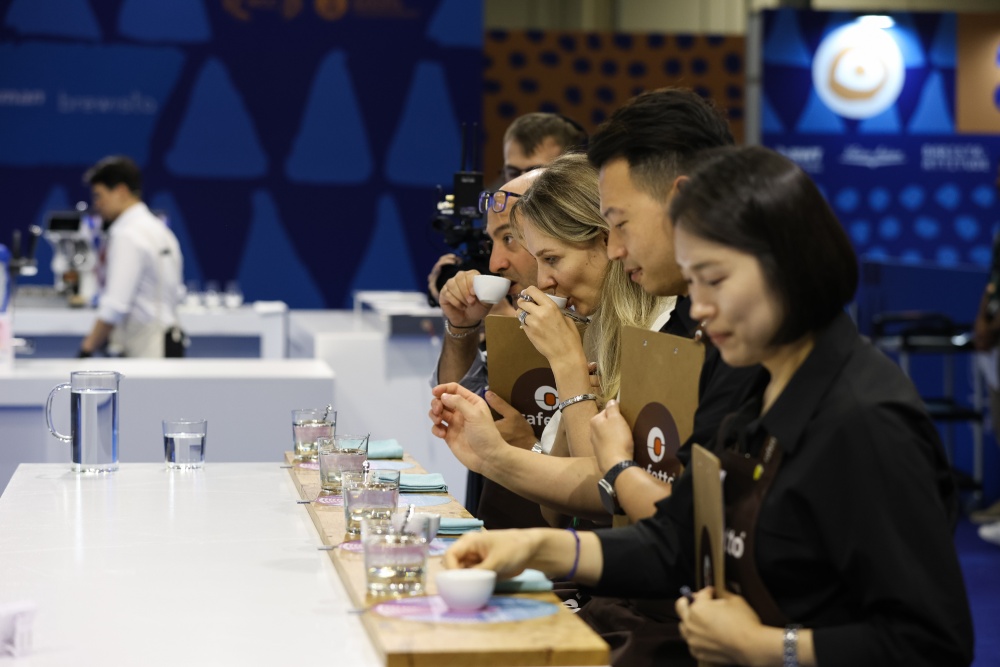 Profesionální degustace kávy (cupping) s porotci hodnotícími vzorky
